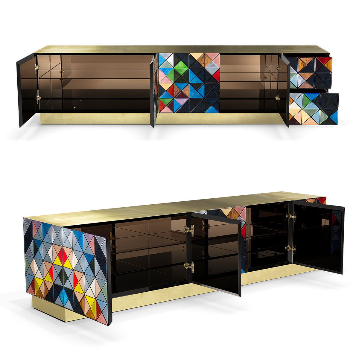 Luxury Walnut Media Console with Pixel-Inspired Design & Hidden Storage