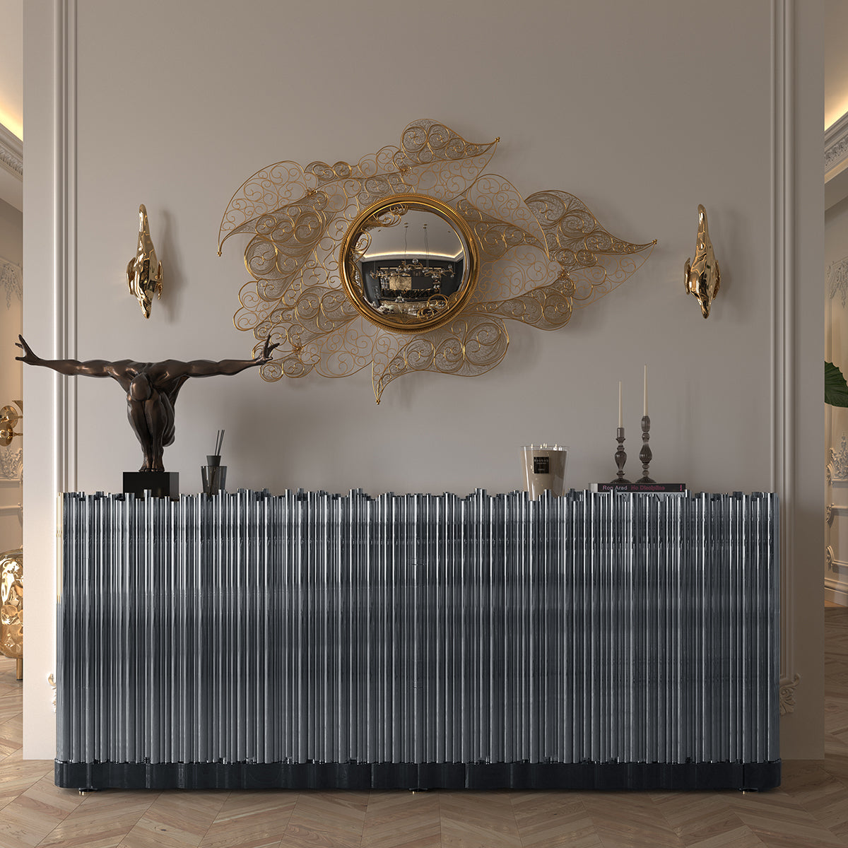 Luxury Brass Sideboard Cabinet with Sculptural Doors & Hidden Storage