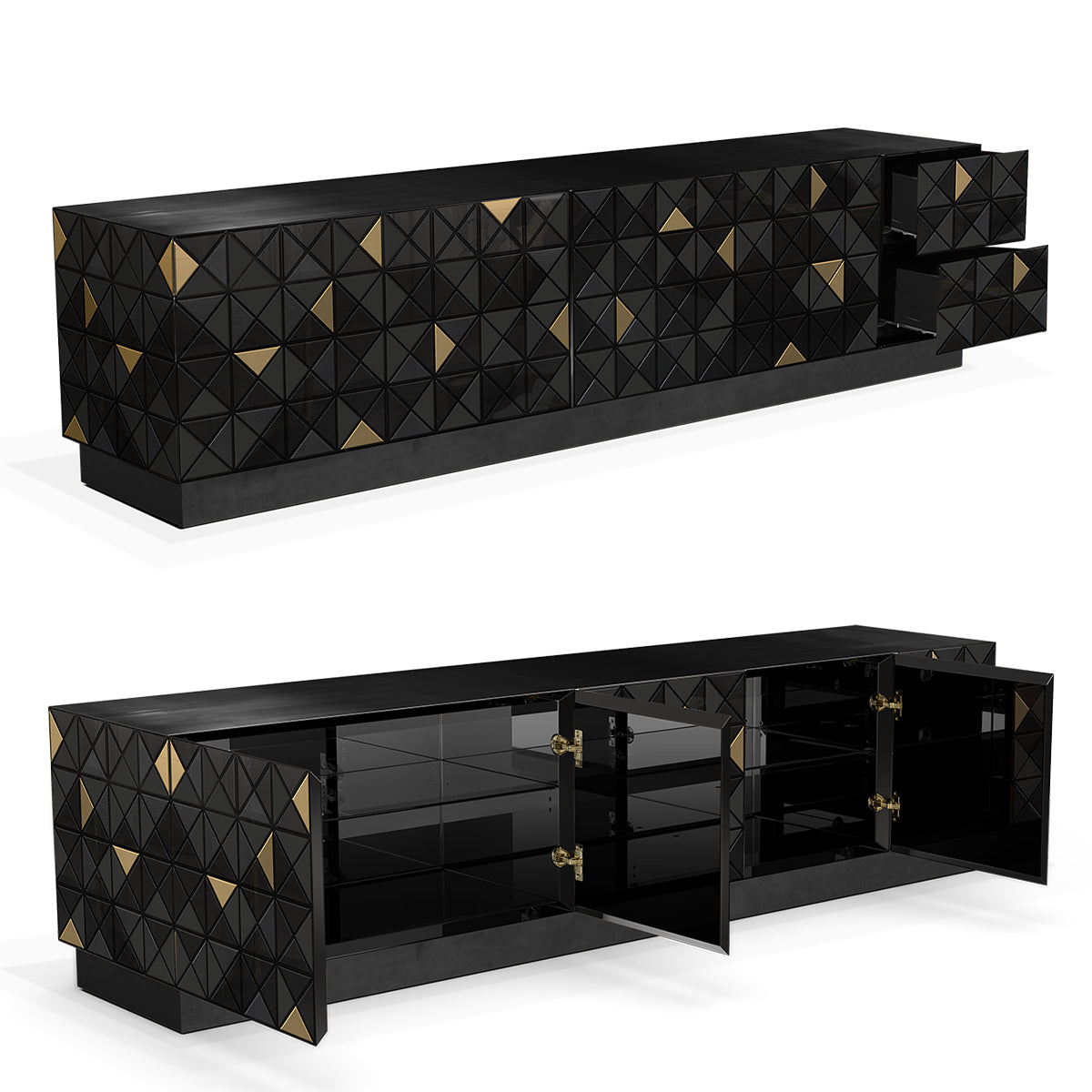 Luxury Walnut Media Console with Pixel-Inspired Design & Hidden Storage