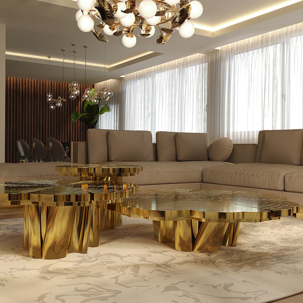Luxury Patina Brass Coffee Table Set with Round Tiered Tops & Statement Design