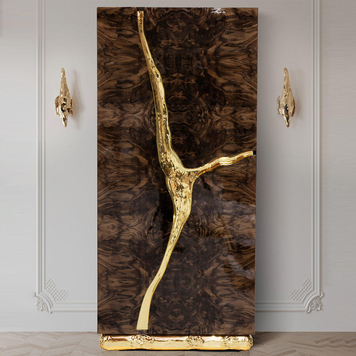 Luxury Walnut Display Cabinet with Sculptural Brass Accents & Hidden Storage