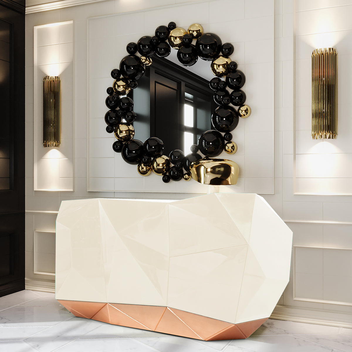 Luxury Emerald Green Sideboard Cabinet with Diamond-Inspired Faceted Design