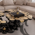 Luxury Sculptural Coffee Table with Gold Sphere Base & Black Glass Top