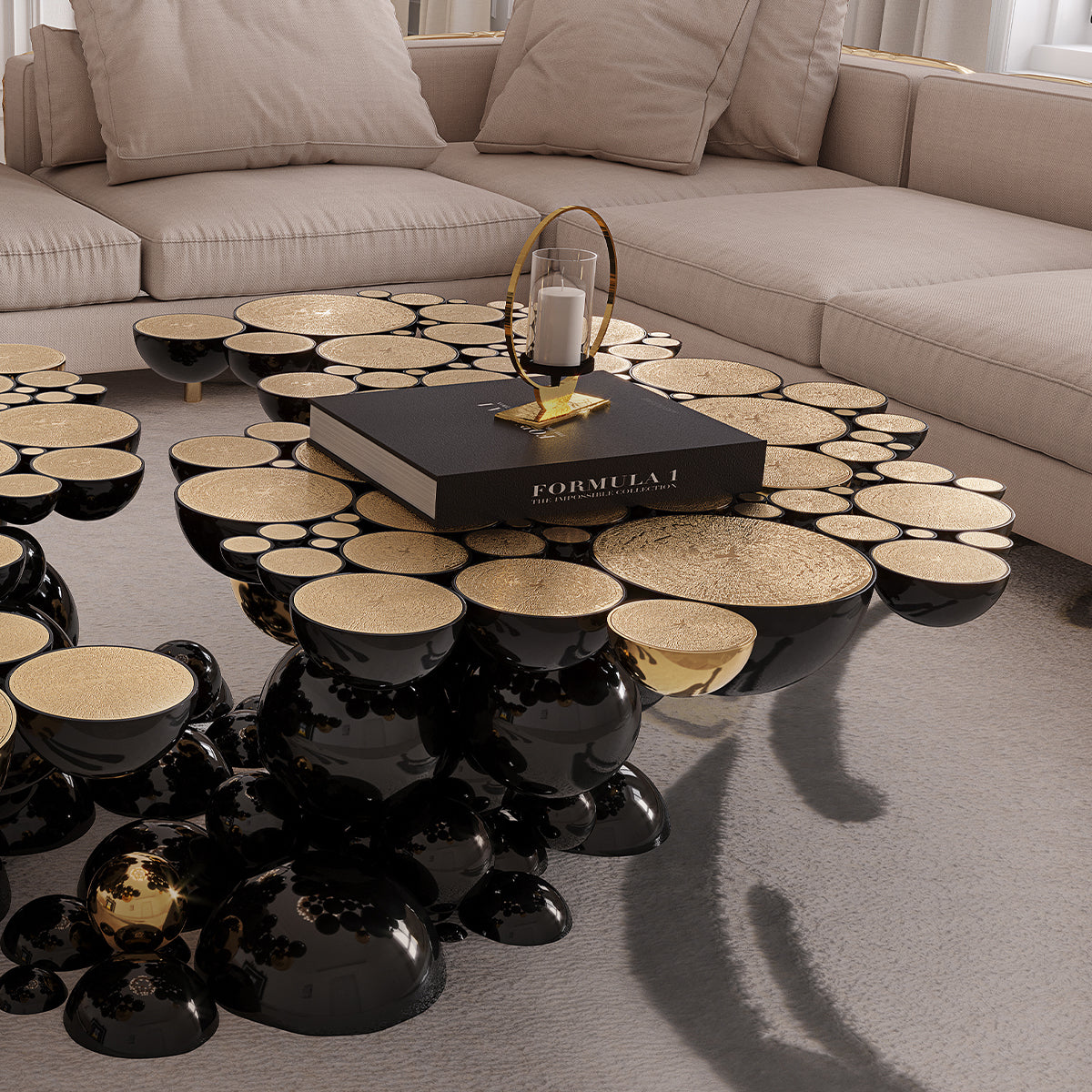 Luxury Sculptural Coffee Table with Gold Sphere Base & Black Glass Top