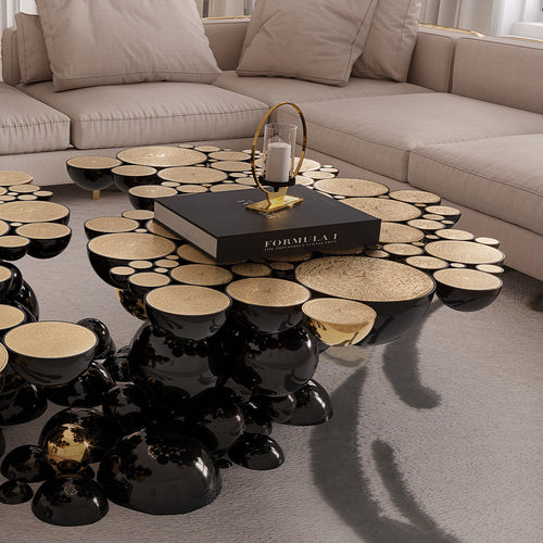 Luxury Sculptural Coffee Table with Gold Sphere Base & Black Glass Top Center Tea Table