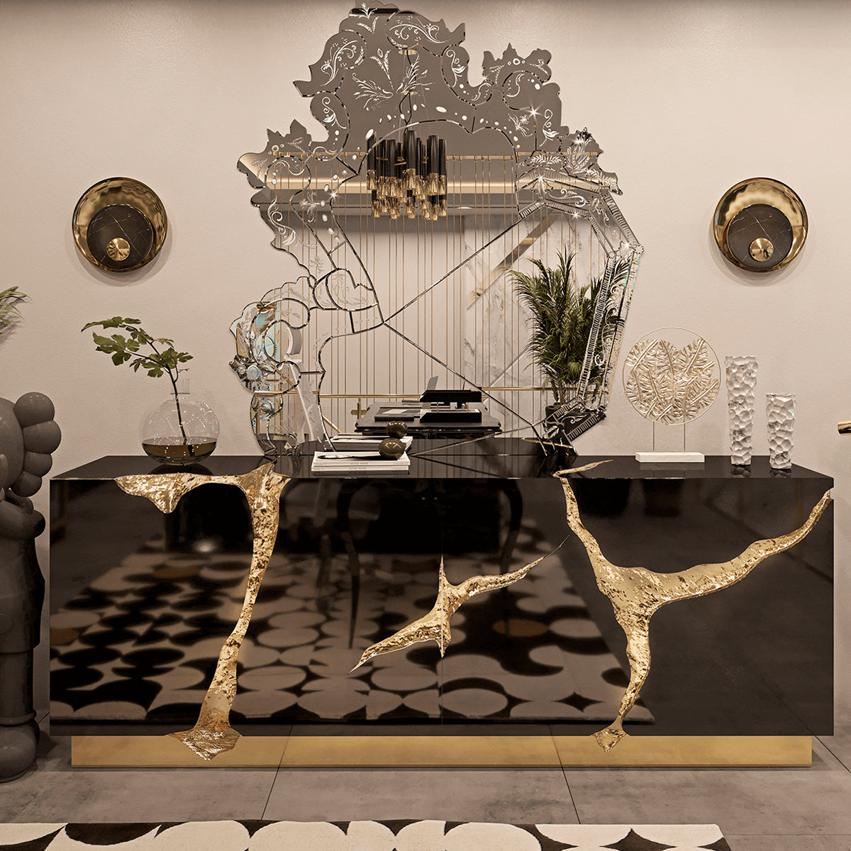Luxury Black Gold Sideboard Cabinet with Sculptural Cracked Design