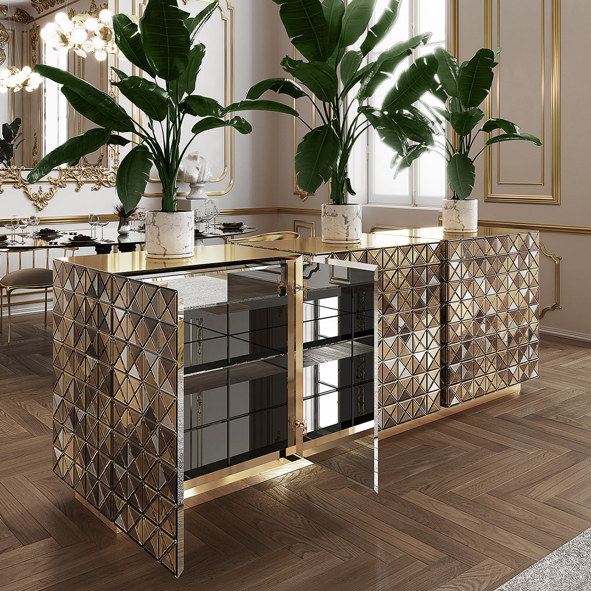 Luxury Anodized Metal Sideboard Cabinet with Pixel-Inspired Design & Hidden Storage