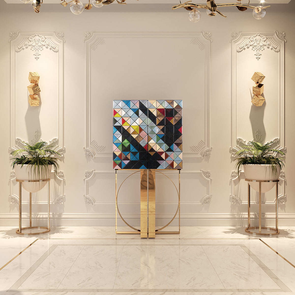 Luxury Geometric Bar Cabinet with Pixel-Inspired Design & Hidden Storage