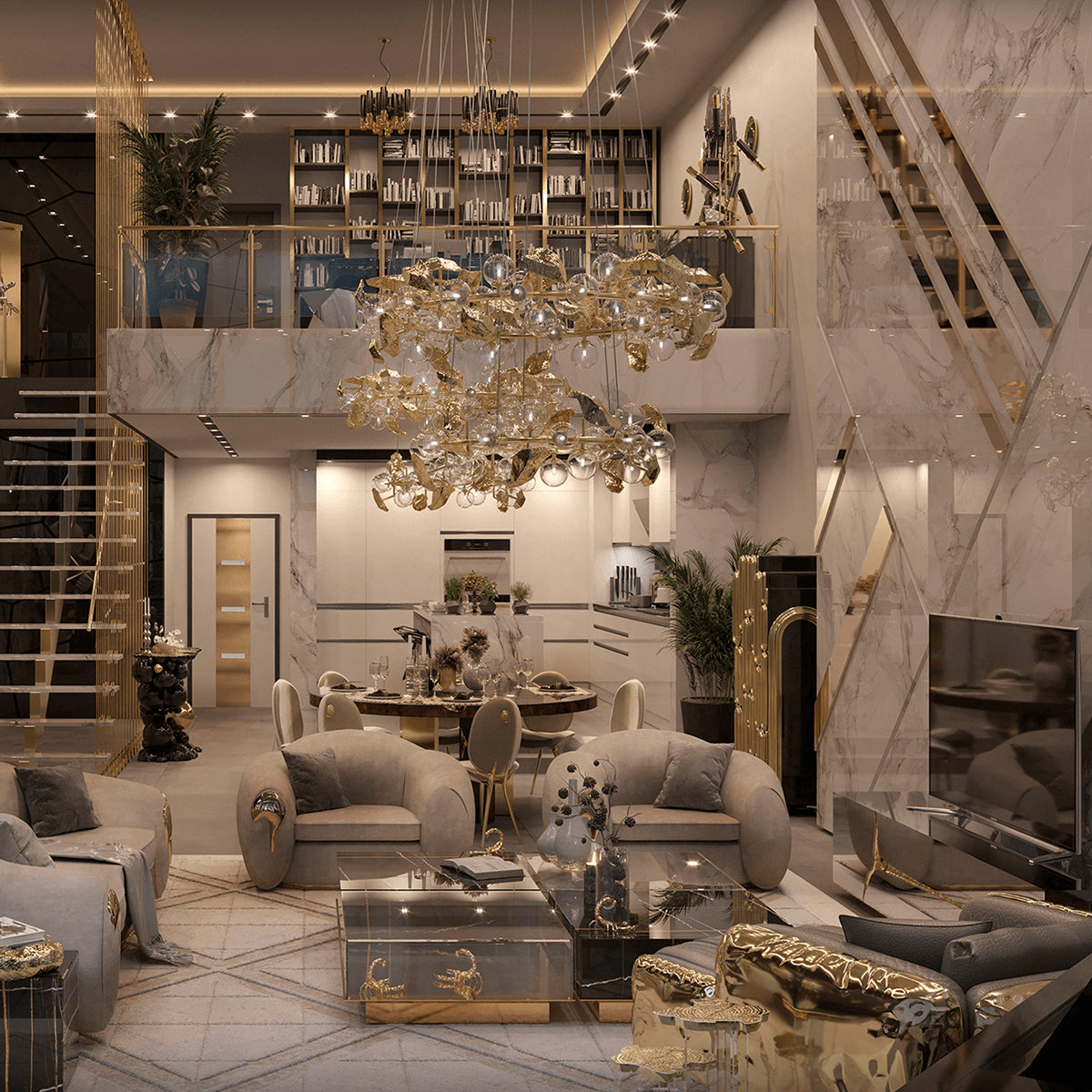 Luxury Coffee Table Set with Marble, Glass & Sculptural Gold Brass Design