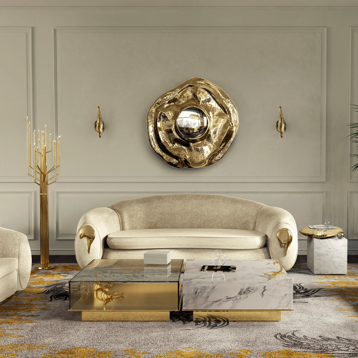 Luxury Coffee Table Set with Marble, Glass & Sculptural Gold Brass Design