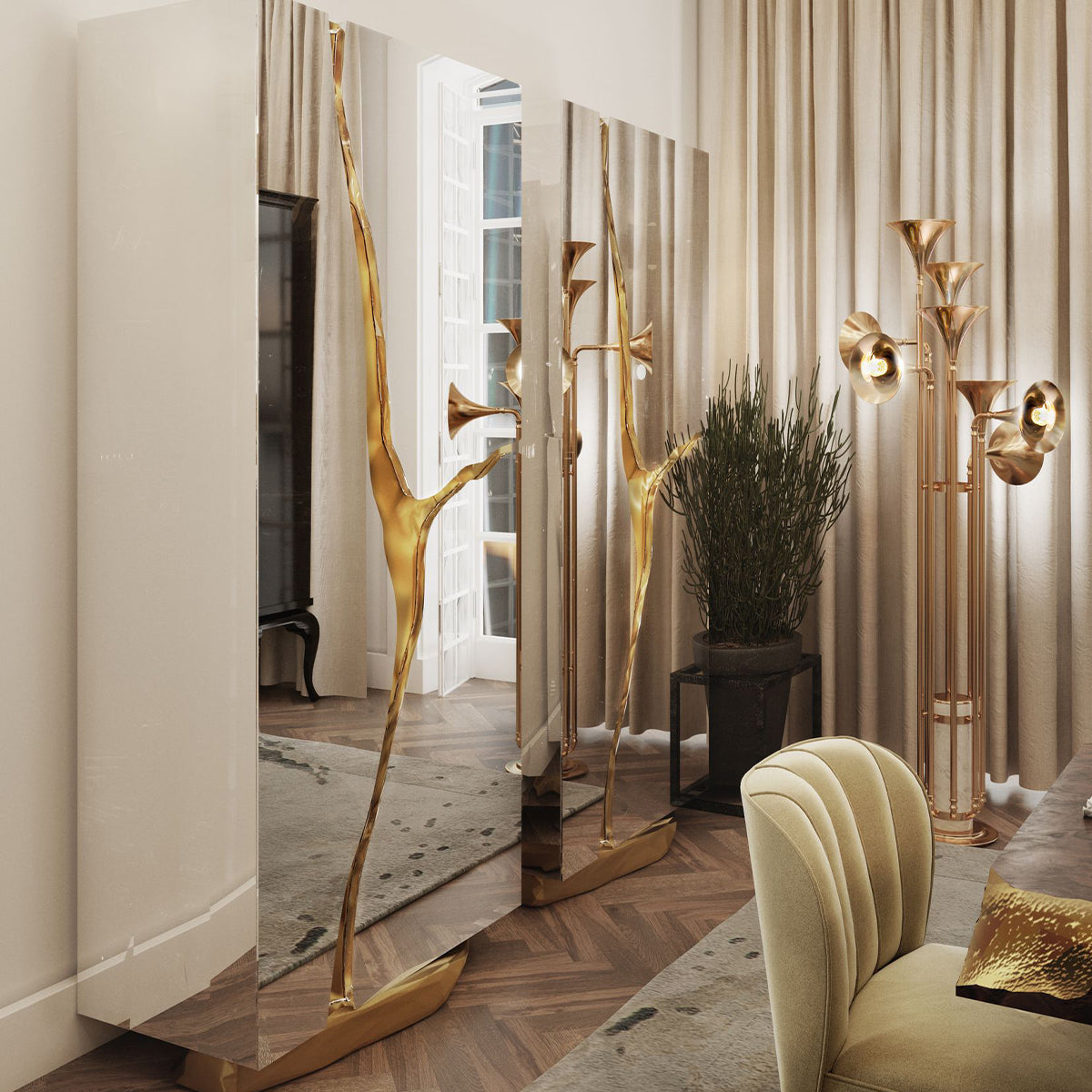 Luxury Walnut Display Cabinet with Sculptural Brass Accents & Hidden Storage