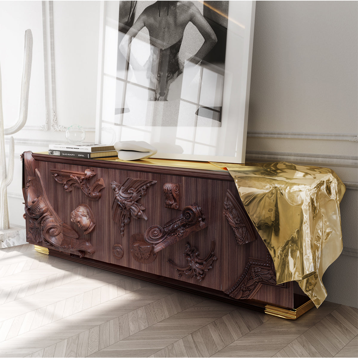 Luxury Black Sideboard Buffet Cabinet with Gold Leaf Details & Hidden Storage