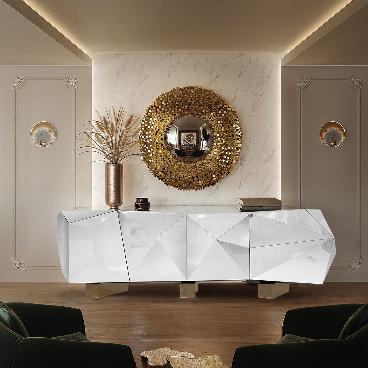 Luxury Diamond Sideboard Cabinet with Faceted Design & Hidden Storage