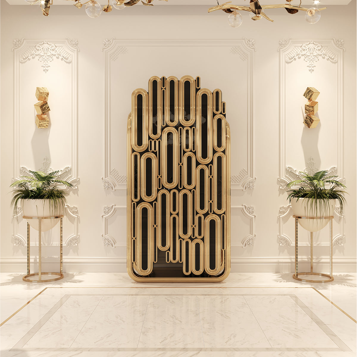 Luxury Bar Cabinet with Brass Tube Design, Glass Shelves & Hidden Storage