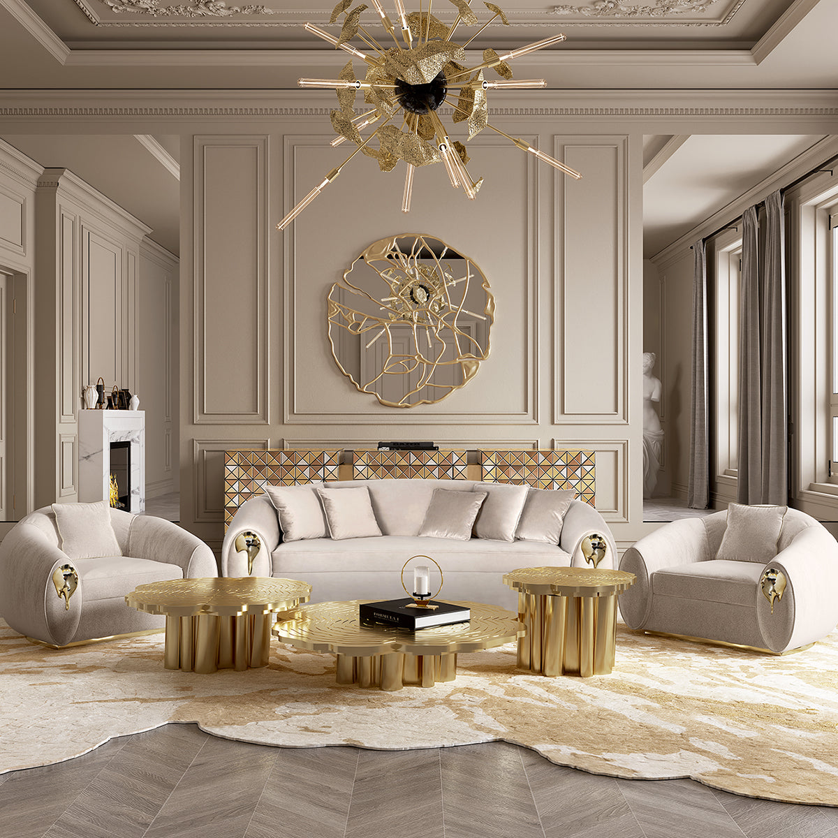 Luxury Patina Brass Coffee Table Set with Round Tiered Tops & Statement Design