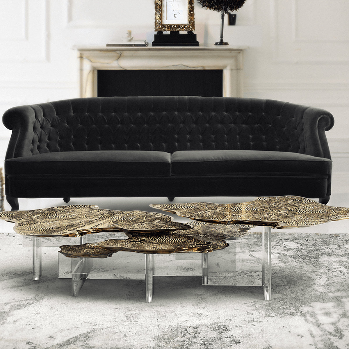 Luxury Designer Coffee Table with Hand-Painted Artistic Top & Sculptural Brass Base