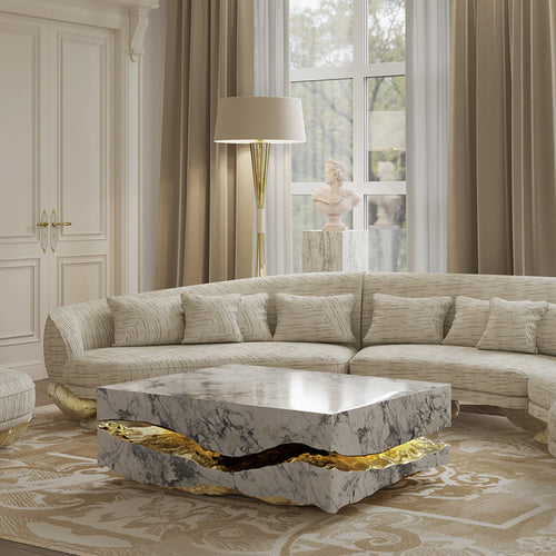 Luxury Carrara Marble Coffee Table with Sculptural Brass Frame & Organic Design