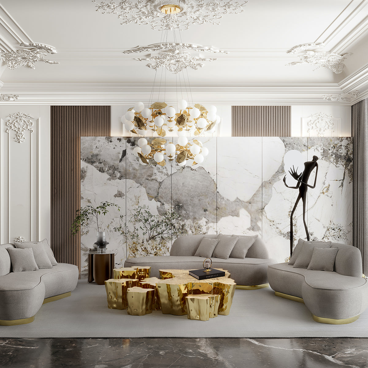 Luxury White Coffee Table with Sculptural Gold Base & Organic Modern Design