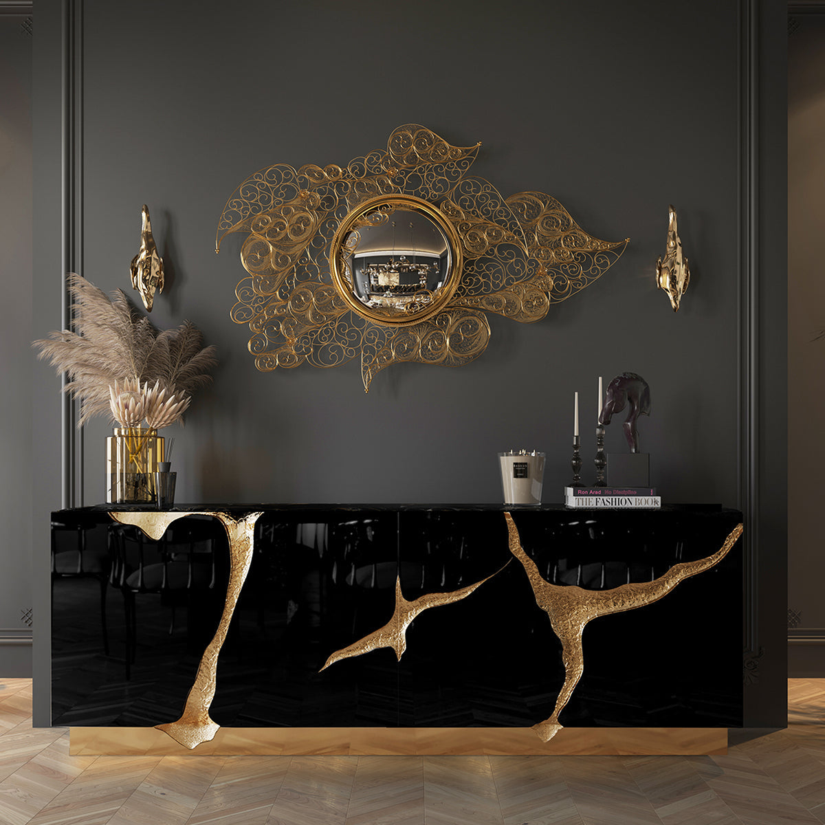 Luxury Black Gold Sideboard Cabinet with Sculptural Cracked Design