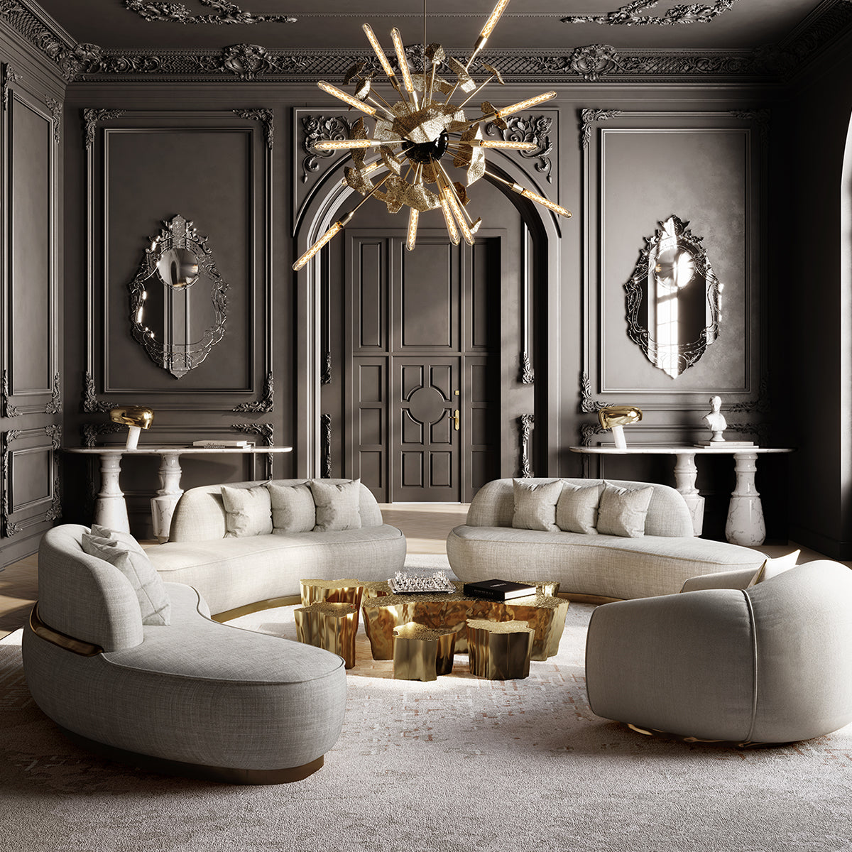 Luxury White Coffee Table with Sculptural Gold Base & Organic Modern Design