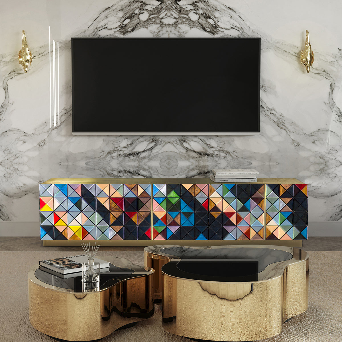 Luxury Walnut Media Console with Pixel-Inspired Design & Hidden Storage