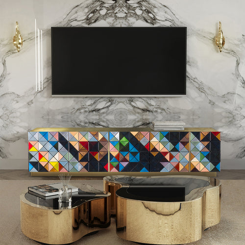 Luxury Walnut Media Console with Pixel-Inspired Design & Hidden Storage