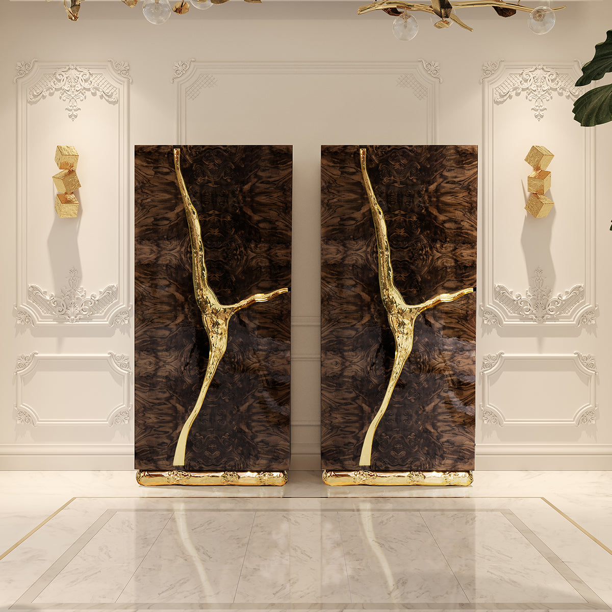 Luxury Walnut Display Cabinet with Sculptural Brass Accents & Hidden Storage