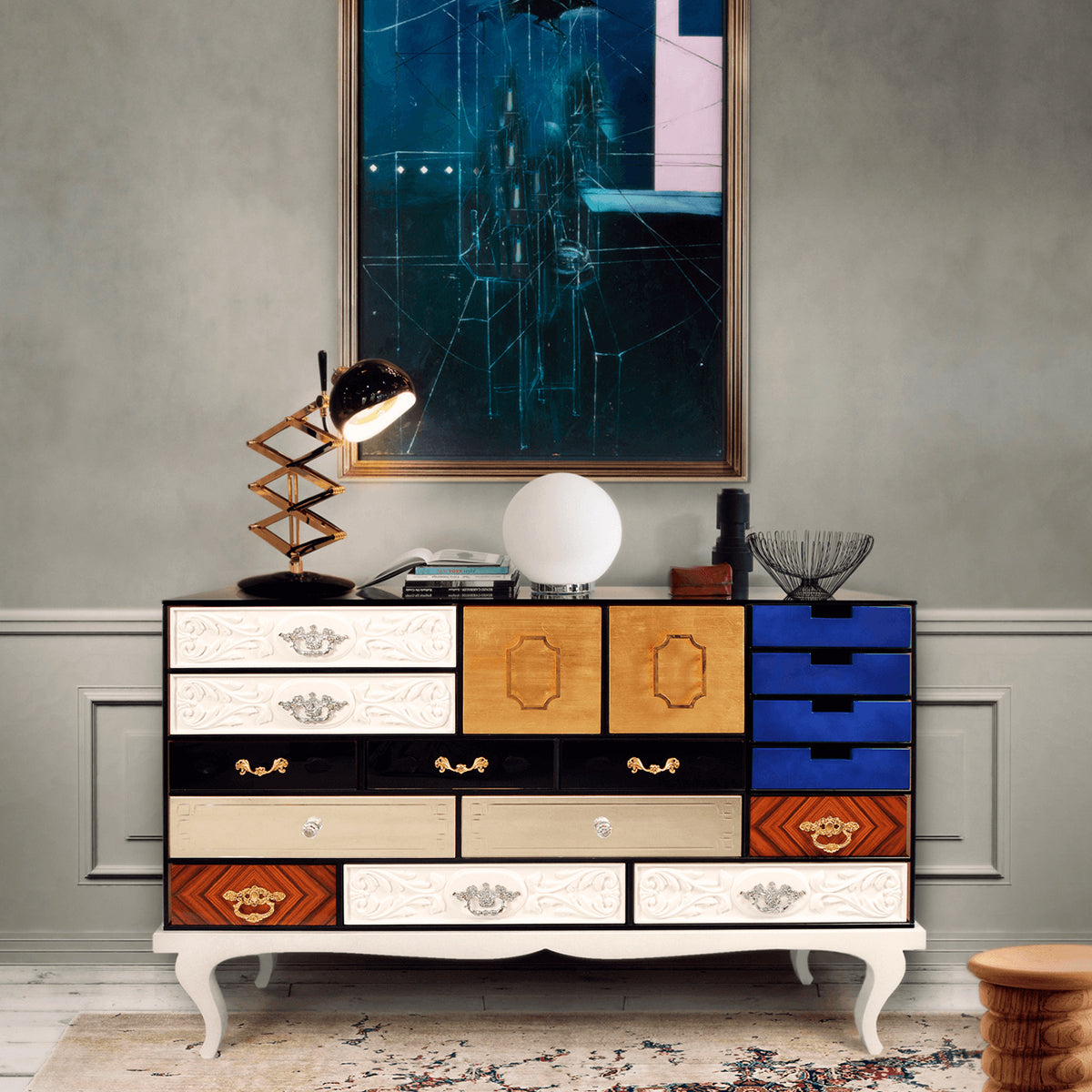 Luxury Patchwork Wood Sideboard Buffet Cabinet with Hidden Storage
