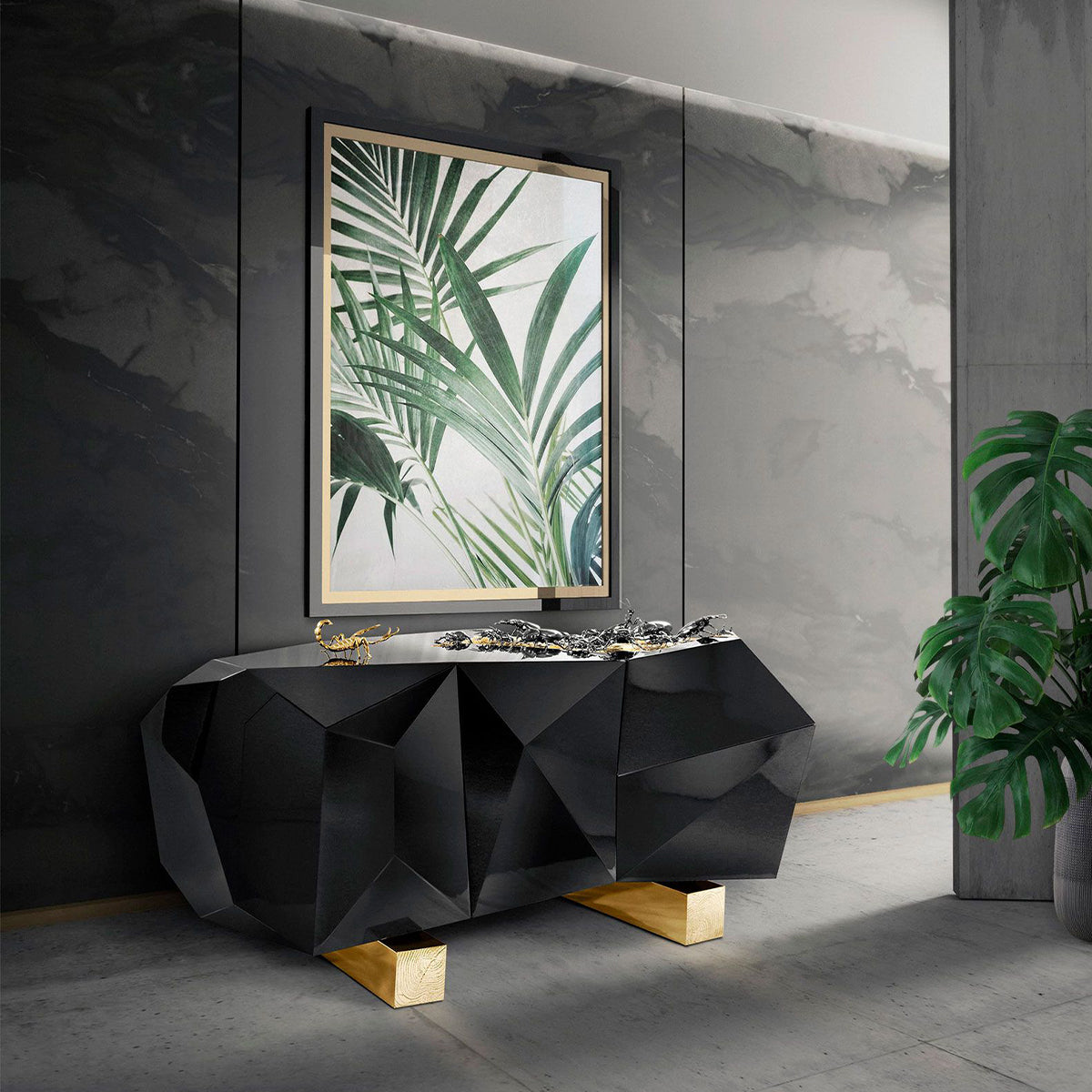 Luxury Diamond-Inspired Sideboard Buffet Cabinet with Black Gold Finish