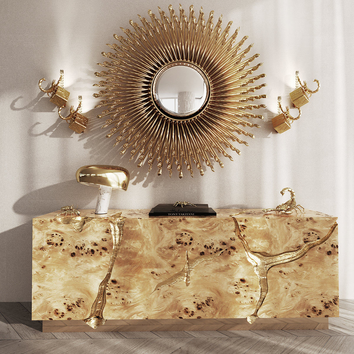 Luxury Black Gold Sideboard Cabinet with Sculptural Cracked Design