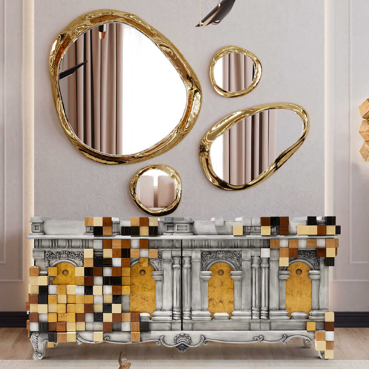 Luxury Mirrored Sideboard Buffet Cabinet with Gold Accents & Modern Storage