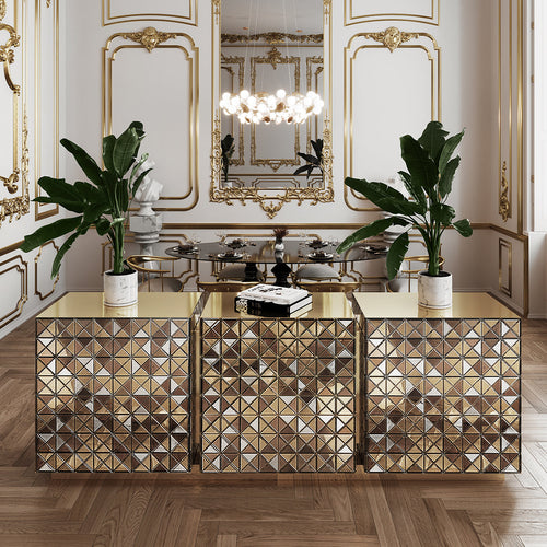 Luxury Anodized Metal Sideboard Cabinet with Pixel-Inspired Design & Hidden Storage