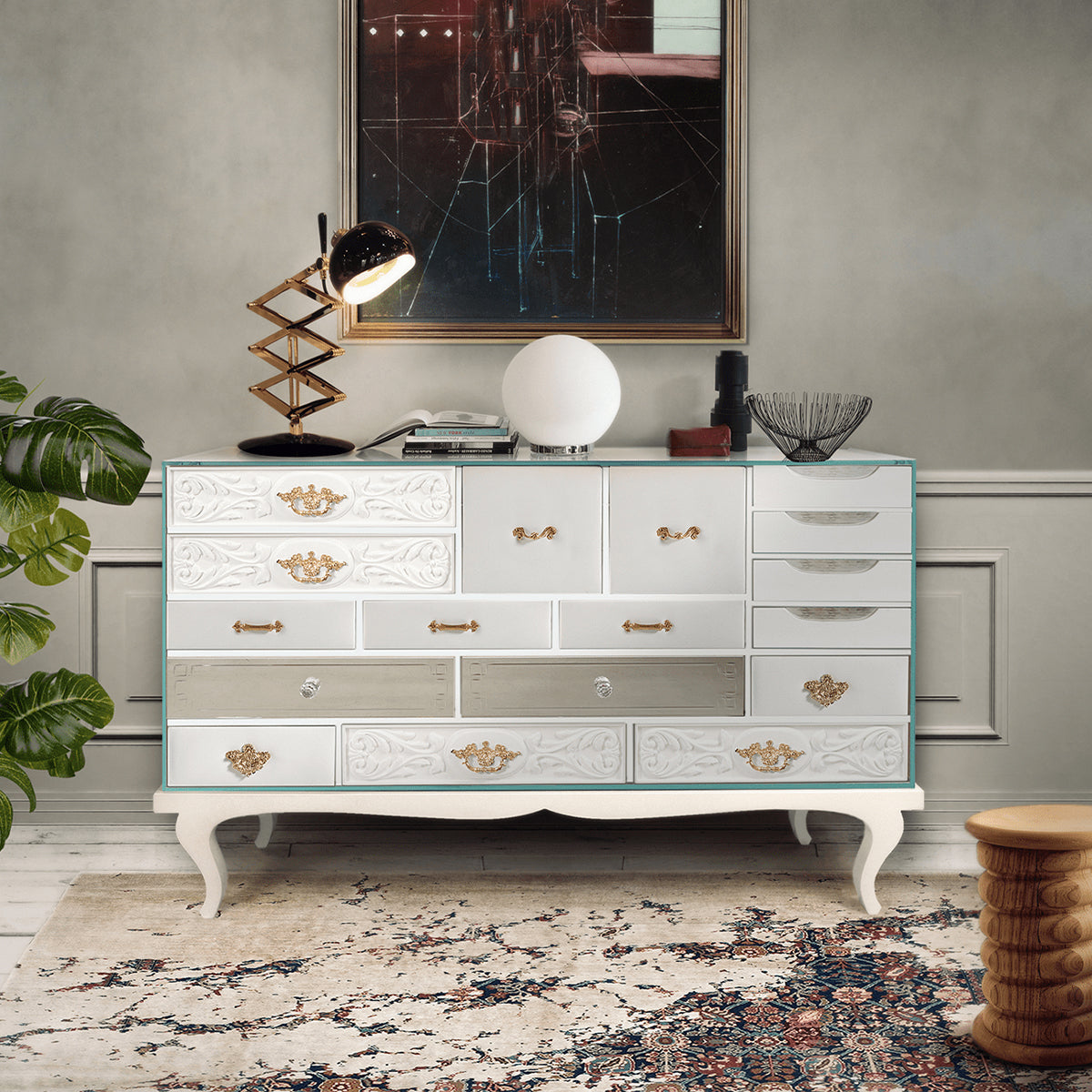 Luxury Patchwork Wood Sideboard Buffet Cabinet with Hidden Storage
