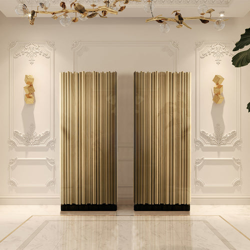 Luxury Curio Cabinet with Brass Tube Design, Glass Shelves & Hidden Storage