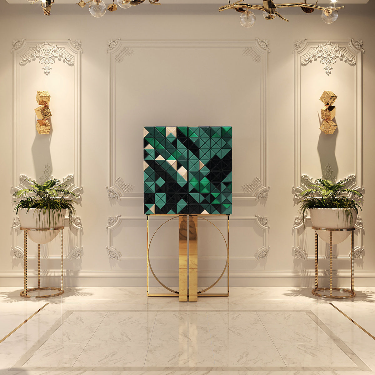 Luxury Geometric Bar Cabinet with Pixel-Inspired Design & Hidden Storage