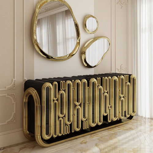 Luxury Gold Sideboard Buffet Cabinet with Sculptural Metal Design & Hidden Storage