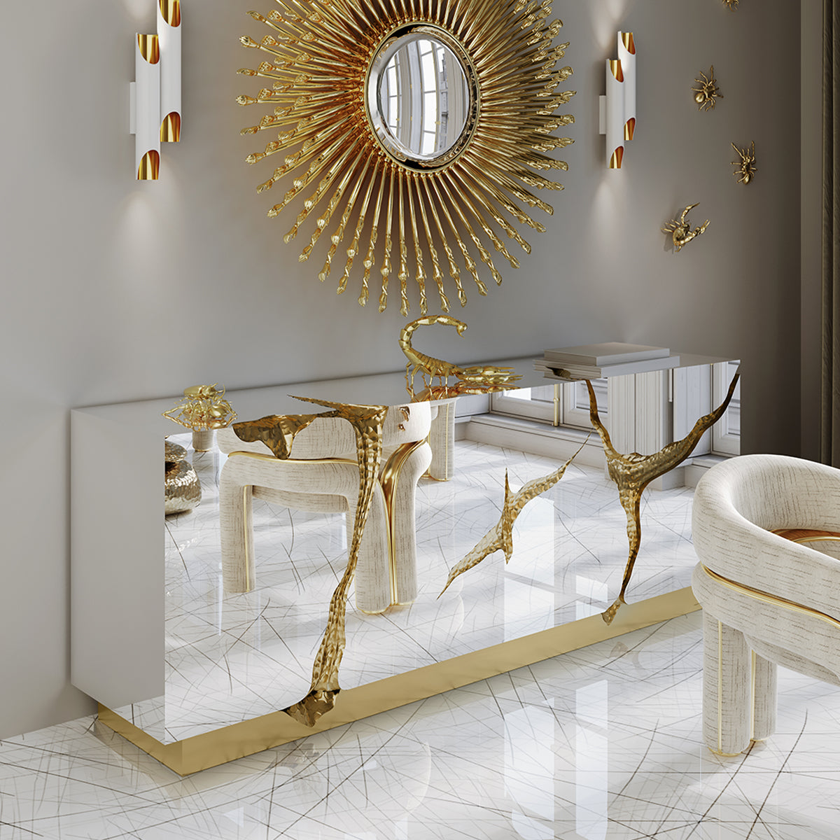 Luxury Black Gold Sideboard Cabinet with Sculptural Cracked Design