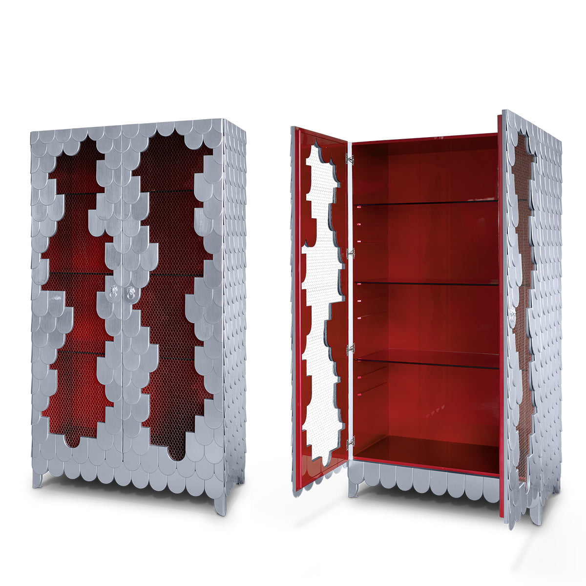 Luxury Display Cabinet with Silver Leaf Finish, Glass Shelves & Storage
