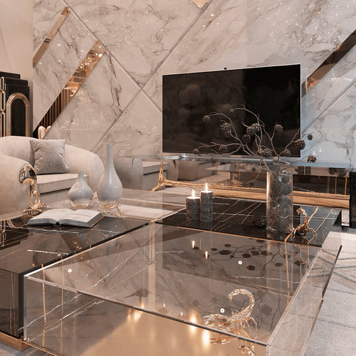 Luxury Coffee Table Set with Marble, Glass & Sculptural Gold Brass Design Center Tea Table