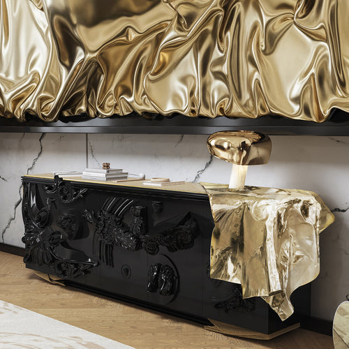 Luxury Black Sideboard Buffet Cabinet with Gold Leaf Details & Hidden Storage