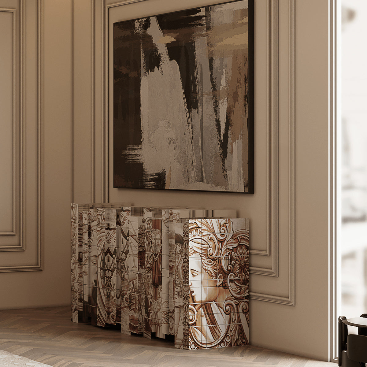 Luxury Hand-Painted Tile Sideboard Cabinet with Vintage Artwork & Hidden Storage