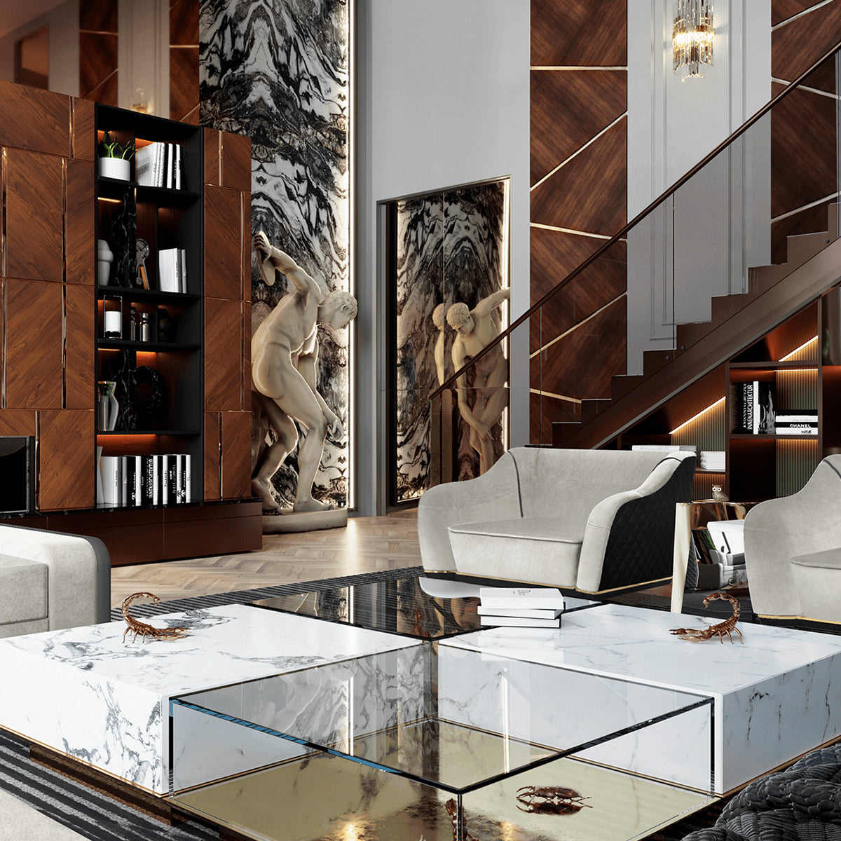 Luxury Coffee Table Set with Marble, Glass & Sculptural Gold Brass Design
