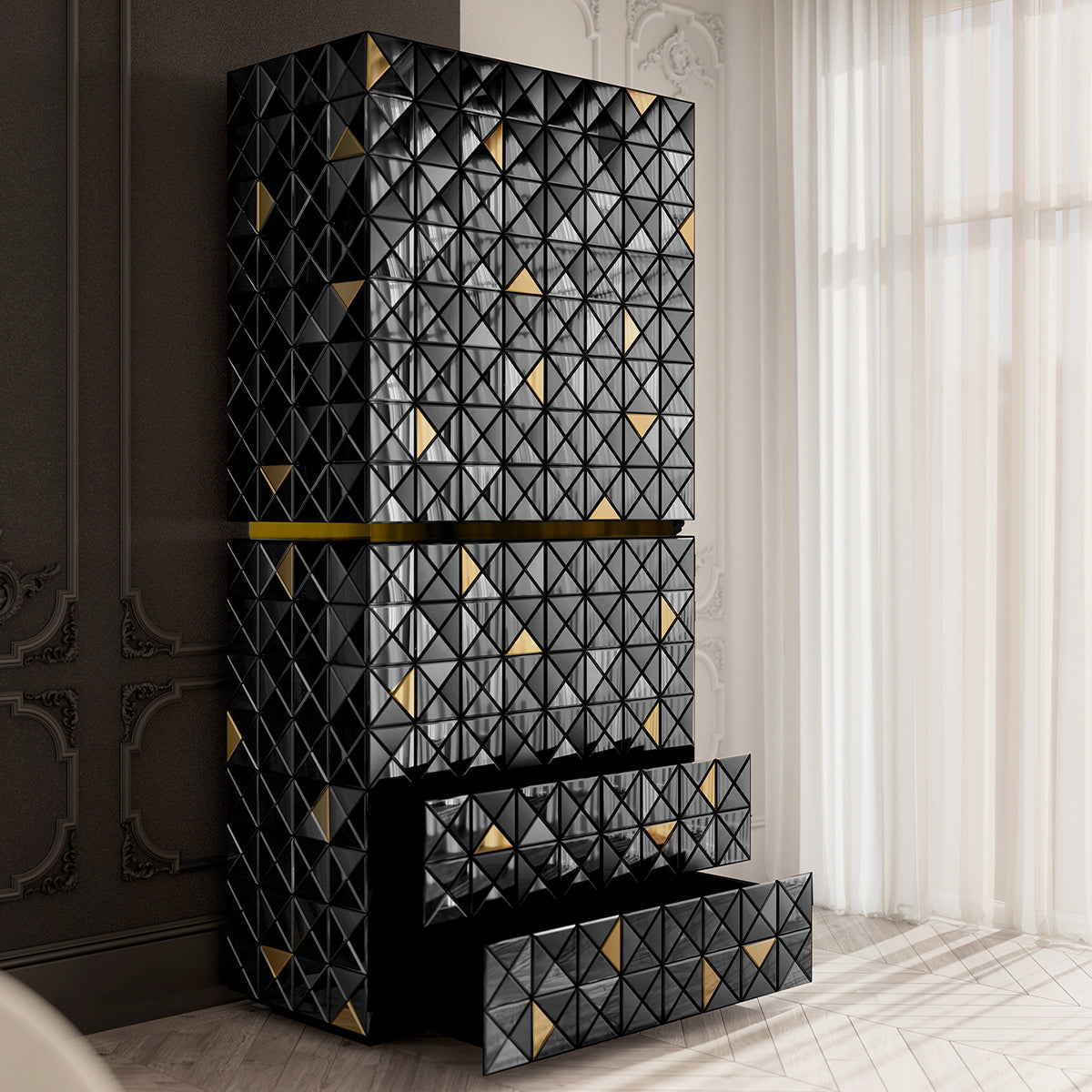 Luxury Walnut Curio Cabinet with Pixel-Inspired Design & Hidden Storage