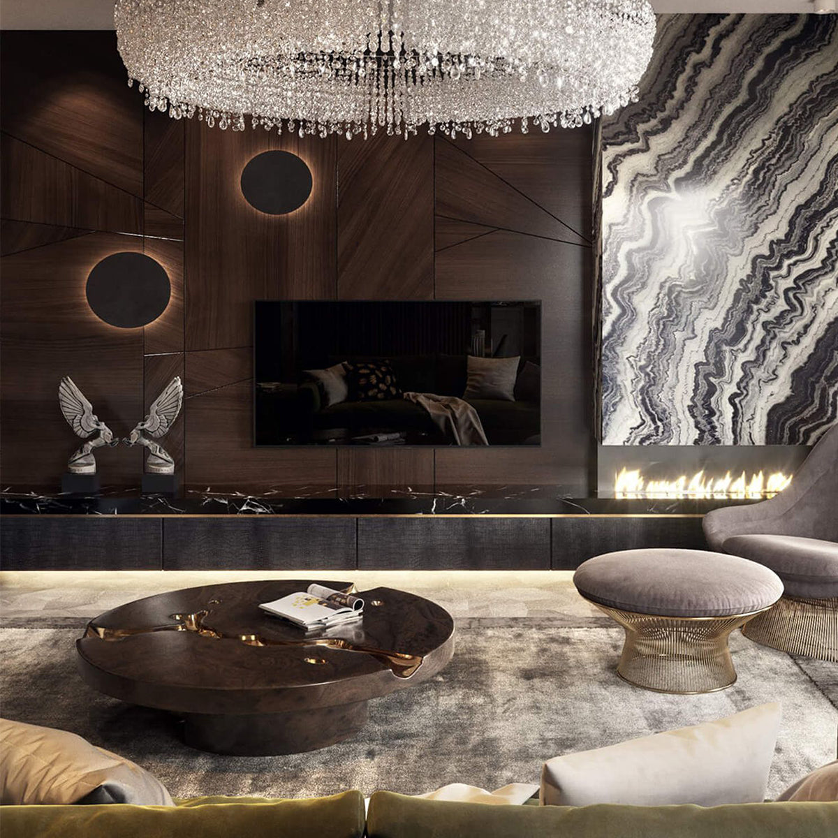 Luxury Gold Coffee Table with Round Glass Top & Sculptural Brass Base
