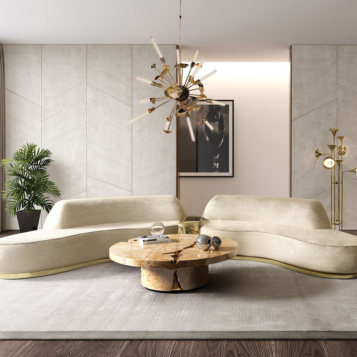 Luxury Gold Coffee Table with Round Glass Top & Sculptural Brass Base