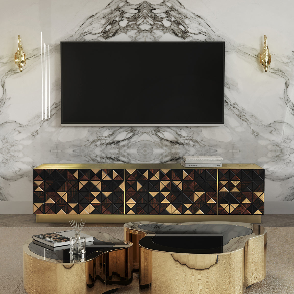 Luxury Walnut Media Console with Pixel-Inspired Design & Hidden Storage