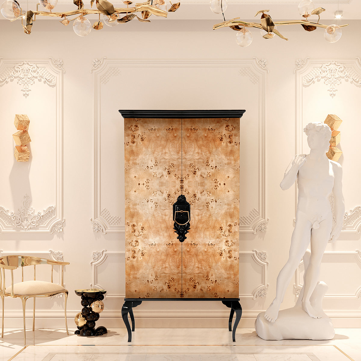 Luxury Sculptural Display Cabinet with Glass Shelves & Designer Storage