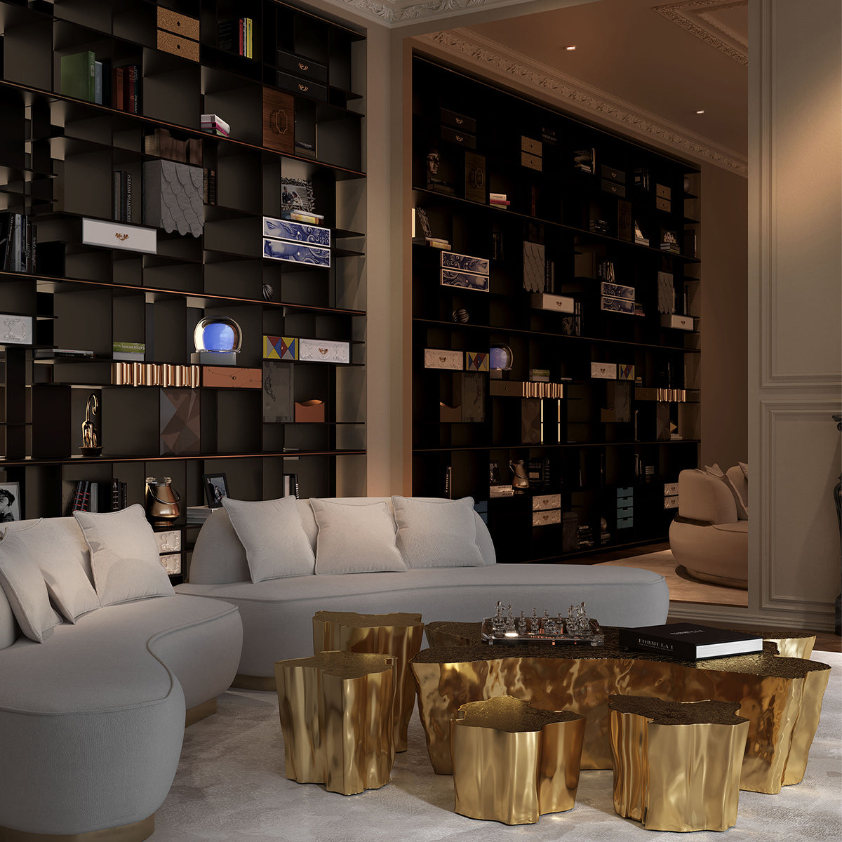Luxury White Coffee Table with Sculptural Gold Base & Organic Modern Design