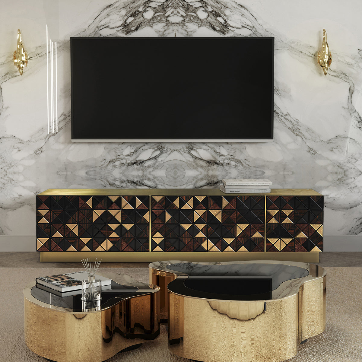 Luxury Walnut Media Console with Pixel-Inspired Design & Hidden Storage