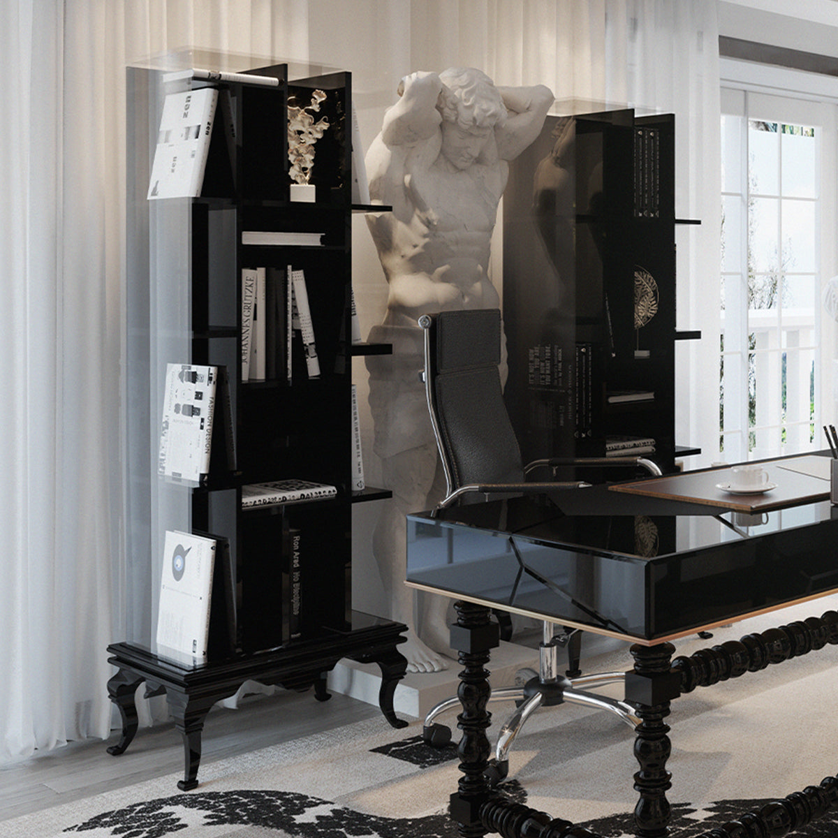 Luxury Tall Bookcase with Smoked Glass Shelves & Modern Display Storage